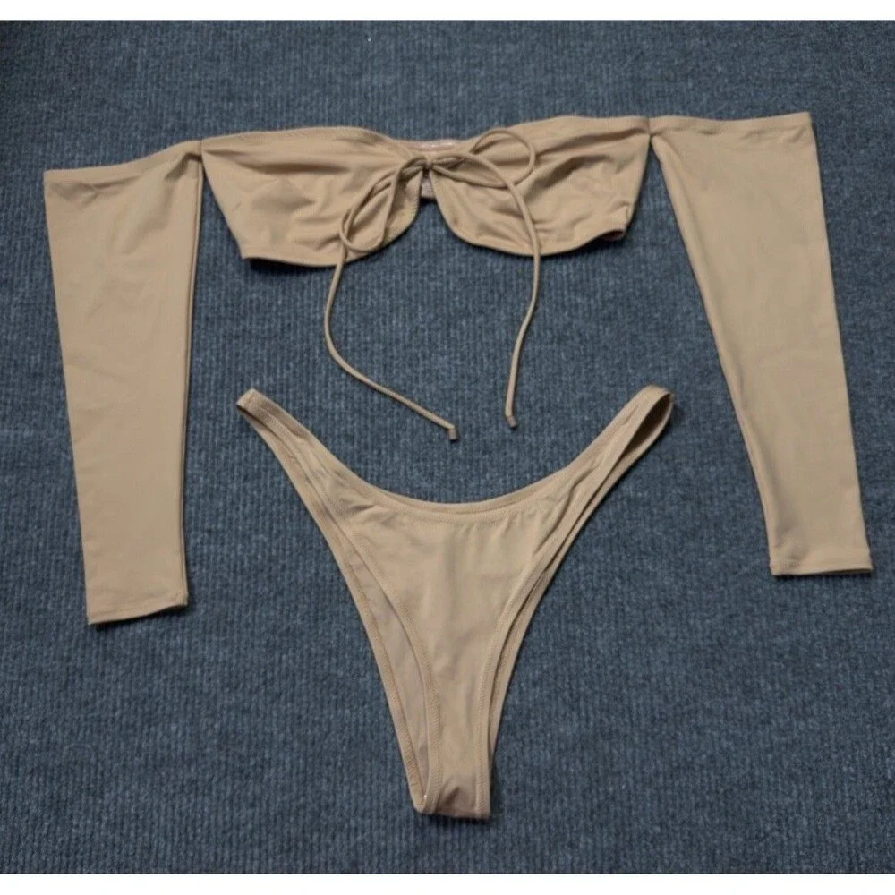 SKIMS Swim Size 3X Long Sleeve Top & Cheeky Tanga Bottom Bikini Set Ochre NEW